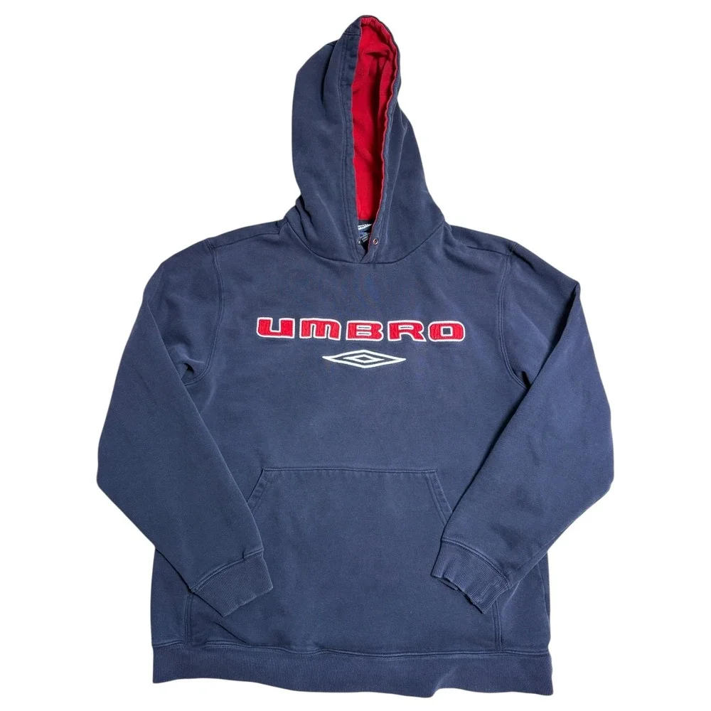 Umbro Vintage 90s Hoodie Navy Blue Red Lined‎ Logo Sweatshirt Y2K Size Large